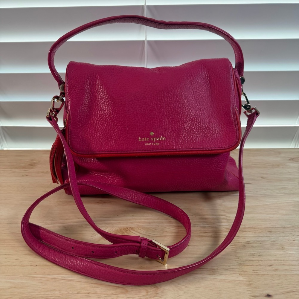 Kate Spade New York Fuchsia Pink Pebbled Leather Crossbody Tasseled Shoulder Bag